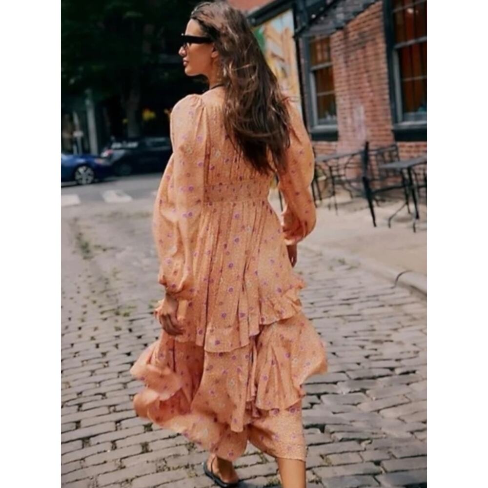 Free People Bohemian Gypsy Tiered Ruffle Maxi Dress Size Large Plunge Billowy - Picture 3 of 13